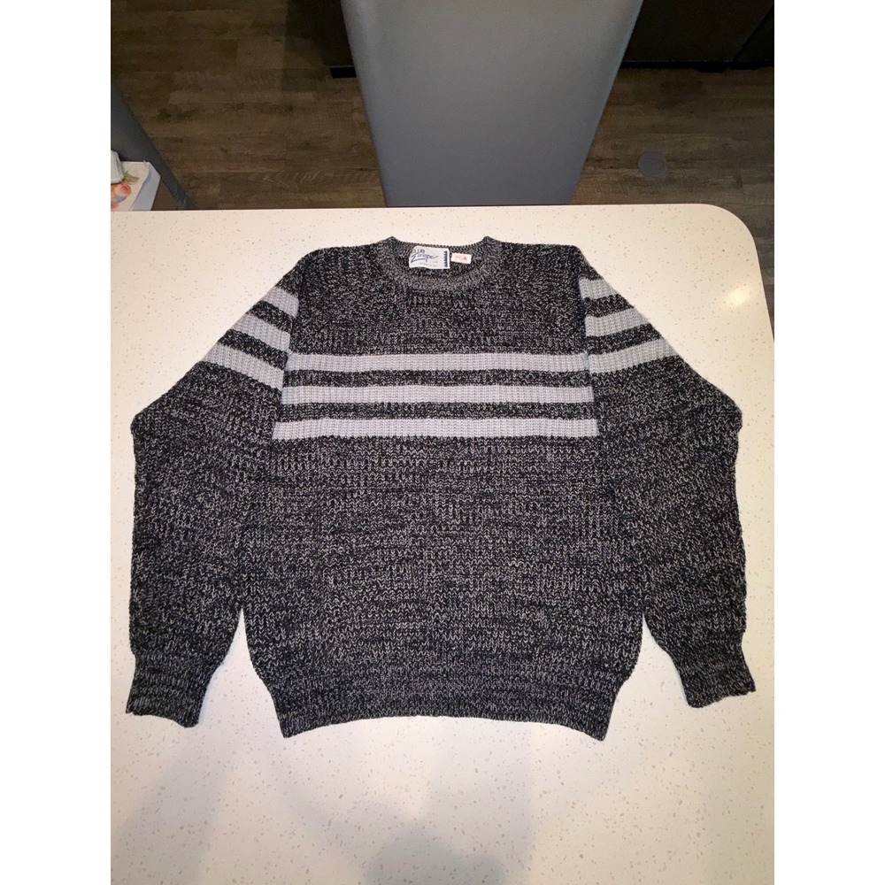 Vintage Club Europe Tip Top Mens Large Marled Striped Crewneck Sweater Gray Y2K